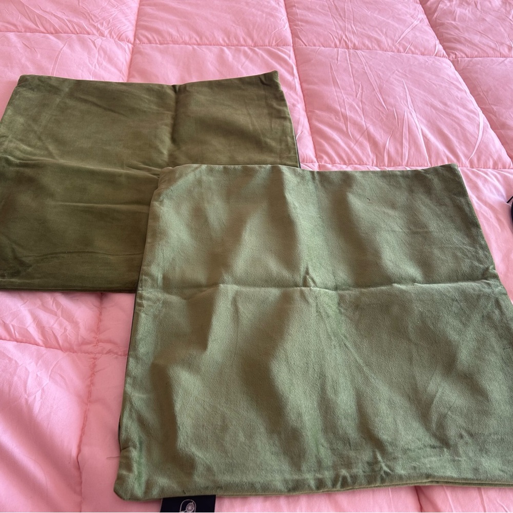 Two Green velvet like throw pillow covers 17x17